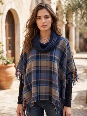 V Fraas Plaid Fringe Cowl Neck Poncho Sweater Cape Cabincore Dark Academia